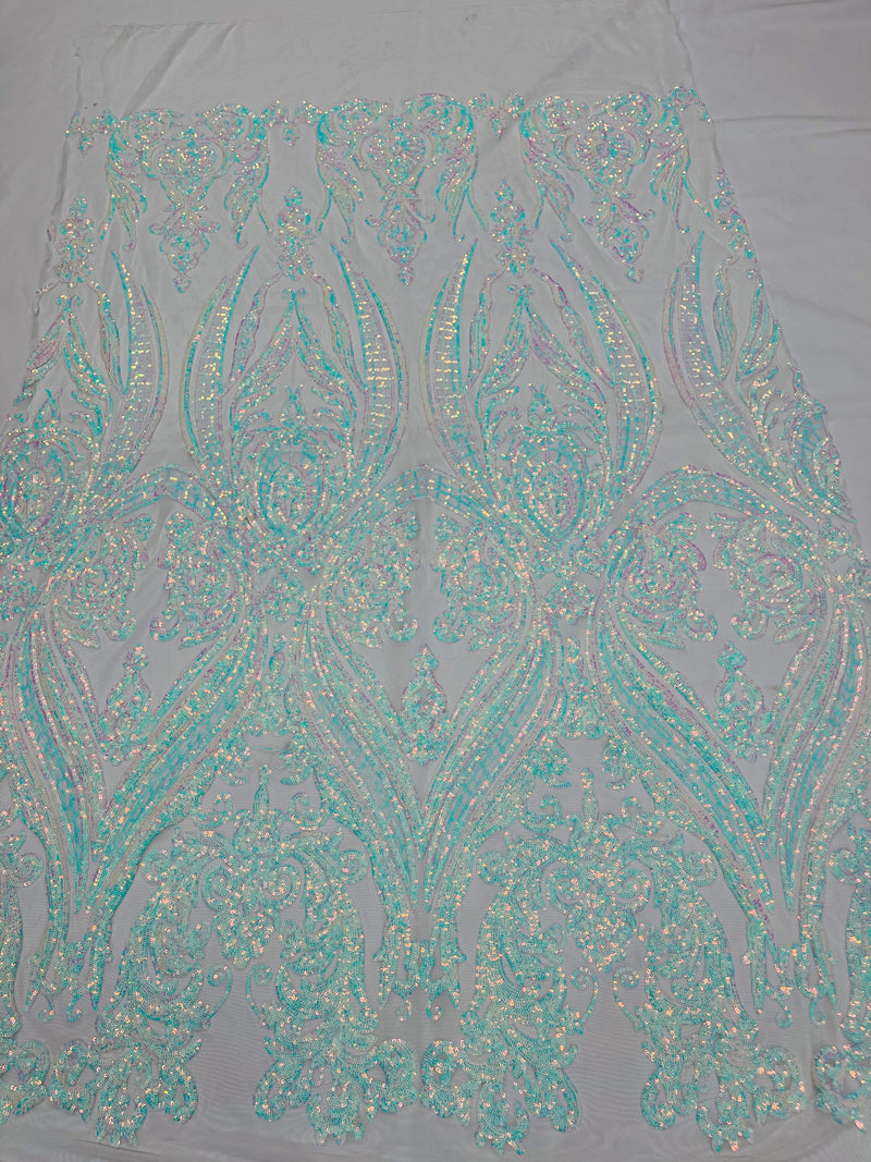 Iridescent Aqua/Blue Sequins Fabric Damask Design 4 Way Stretch Sequin Fabric Sold By The Yard