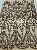 Dusty Rose Sequin Fabric On a Mesh 4 Way Stretch, Sequins Fabric Damask Design By The Yard