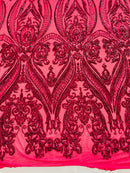 Fuchsia Sequins Fabric on Mesh, Damask Design 4 Way Stretch Sequin Fabric Sold By The Yard