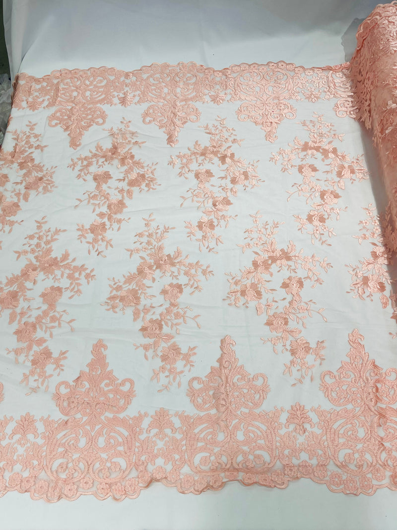 Blush Pink Bridal Lace - By The Yard - Floral Damask Design Embroidered on Mesh Lace Fabric