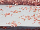 Dusty Rose 3D Floral Design Embroider and Beaded With Pearls On a Mesh Lace Fabric By The Yard