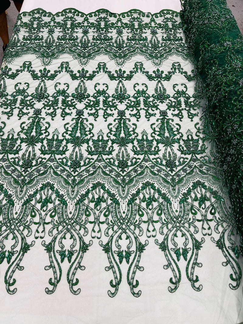 Hunter Green Damask Design Beaded Fabric, Embroidered with Beads Wedding Bridal Sold By Yard