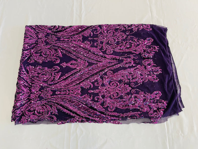 Plum Sequins Fabric on Mesh, Damask Design 4 Way Stretch Sequin Fabric Sold By The Yard