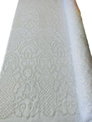 Fashion Design Bead Damask Fabric - White - Embroidered Elegant Design on Mesh Sold By The Yard