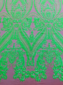 Neón Green Sequins Fabric on DK Nude Mesh, Damask Design 4Way Stretch Sequin By The Yard