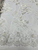 3D Floral Design Embroider and Beaded With Pearls On a Mesh Lace-Prom-Dresses By The Yard