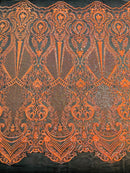 Orange Sequin Fabric on Black Mesh By The Yard Damask Design 4 Way Stretch Lace Sequin