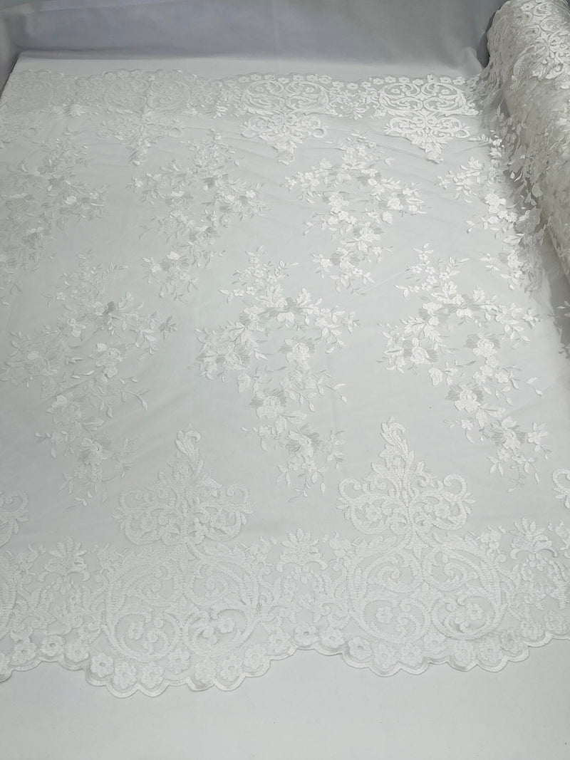 White Bridal Lace - By The Yard - Floral Damask Design Embroidered on Mesh Lace Fabric