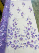 Lilac 3D Floral Design Embroider and Beaded With Pearls On a Mesh Lace Fabric By The Yard