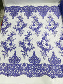 Lilac Bridal Lace - By The Yard - Floral Damask Design Embroidered on Mesh Lace Fabric