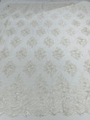 Lace Fabric - by yard - Corded Flower Embroidery With Sequins on a Mesh Lace Fabric For Wedding