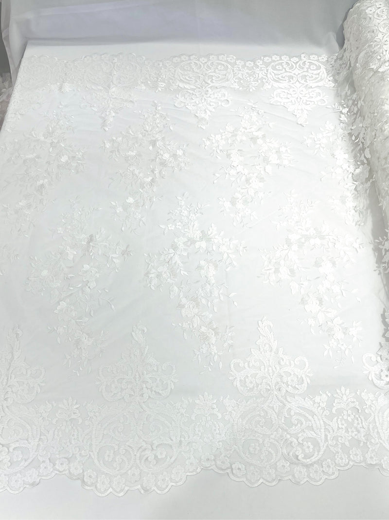 White Bridal Lace - By The Yard - Floral Damask Design Embroidered on Mesh Lace Fabric