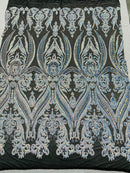 Aqua Iridescent Sequins Fabric on Black Mesh, Damask Design 4Way Stretch Sequin By The Yard