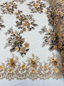 Skin/Brown 3D Floral Design Embroider and Beaded With Pearls On a Mesh Lace-Prom-Dresses By The Yard