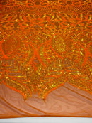 Orange Iridescent Sequin Fabric On a Mesh 4 Way Stretch, Sequins Fabric Royalty Design By The Yard