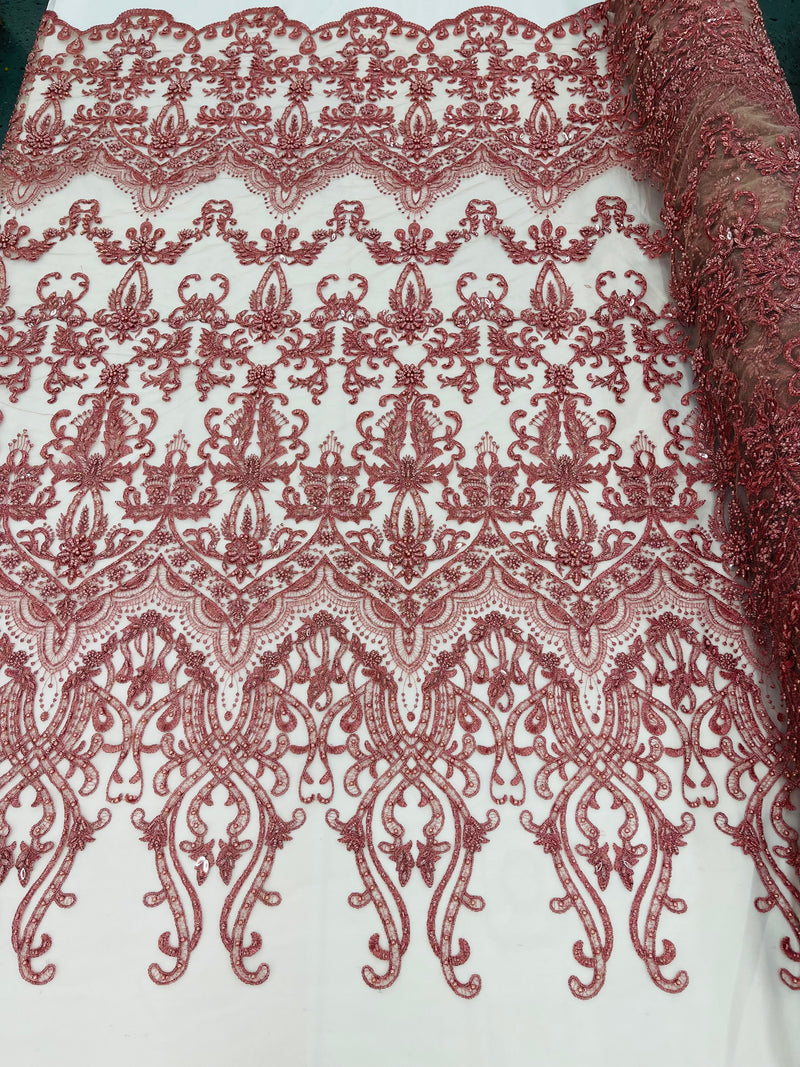 Dusty Rose Damask Design Beaded Fabric, Embroidered with Beads Wedding Bridal Sold By Yard