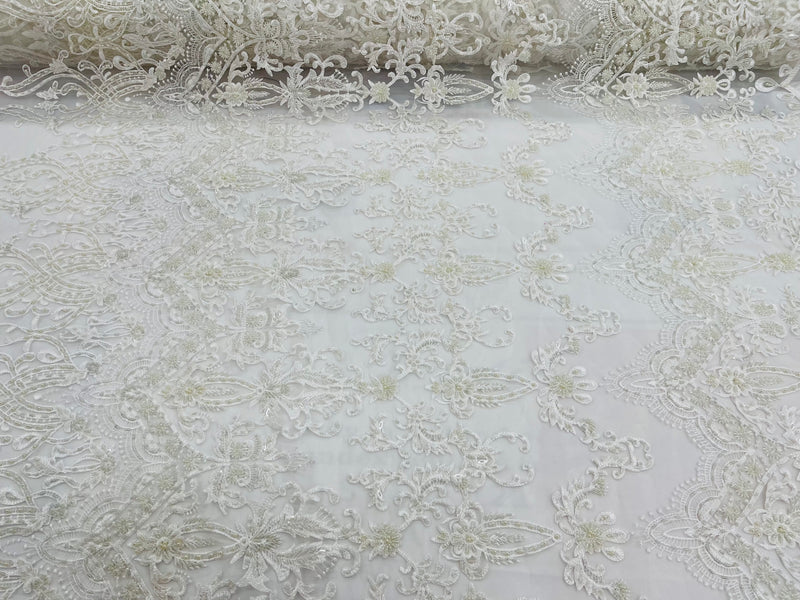 Ivory Damask Design Beaded Fabric, Embroidered with Beads Wedding Bridal Sold By Yard