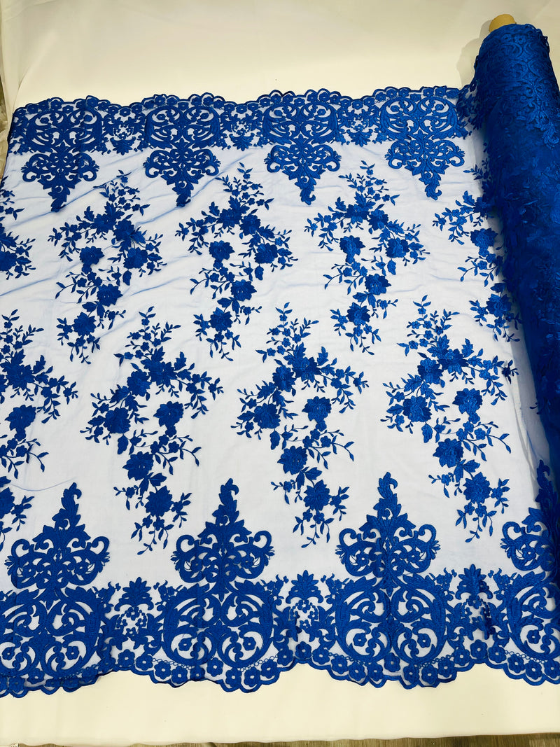 Royal Blue Bridal Lace - By The Yard - Floral Damask Design Embroidered on Mesh Lace Fabric