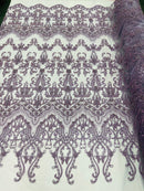 Lilac Damask Design Beaded Fabric, Embroidered with Beads Wedding Bridal Sold By Yard