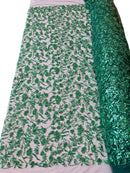 Beaded Design Floral Pattern - Hunter Green - Embroidered Beads in Floral Pattern on Mesh Sold By The Yard