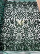 Iridescent Sequins Fabric On a Mesh 4 Way Stretch, Sequins Fabric Damask Design By The Yard