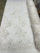 3D Floral Design Embroider and Beaded With Pearls On a Mesh Lace-Prom-Dresses By The Yard
