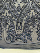 Navy Blue Sequins Fabric on Mesh, Damask Design 4 Way Stretch Sequin Fabric Sold By The Yard