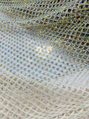 Fishnet Iridescent Rhinestones Fabric - Ivory - Spandex Fabric Fish Net with Crystal Stones by Yard
