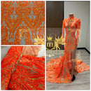 Damask Sequins - Orange on Dark Nude - Sequin Design on 4 Way Stretch Fabric By Yard