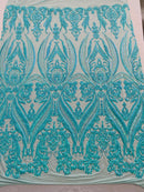 Mint Iridescent Sequins Fabric on a Mesh, Damask Design 4Way Stretch Sequin By The Yard