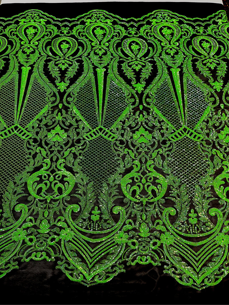Neón Green Sequin Fabric on Black Mesh By The Yard Damask Design 4 Way Stretch Lace Sequin