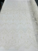 Ivory Damask Design Beaded Fabric, Embroidered with Beads Wedding Bridal Sold By Yard