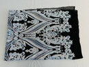 Aqua Iridescent Sequins Fabric on Black Mesh, Damask Design 4Way Stretch Sequin By The Yard