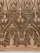 Coffee Sequins Fabric on Mesh, Damask Design 4 Way Stretch Sequin Fabric Sold By The Yard