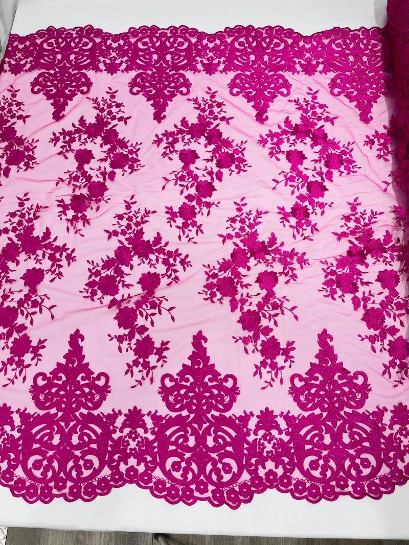 Magenta Bridal Lace - By The Yard - Floral Damask Design Embroidered on Mesh Lace Fabric