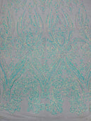 Iridescent Sequins Fabric on Mesh - by the yard - Damask Design 4 Way Stretch Sequin Fabric
