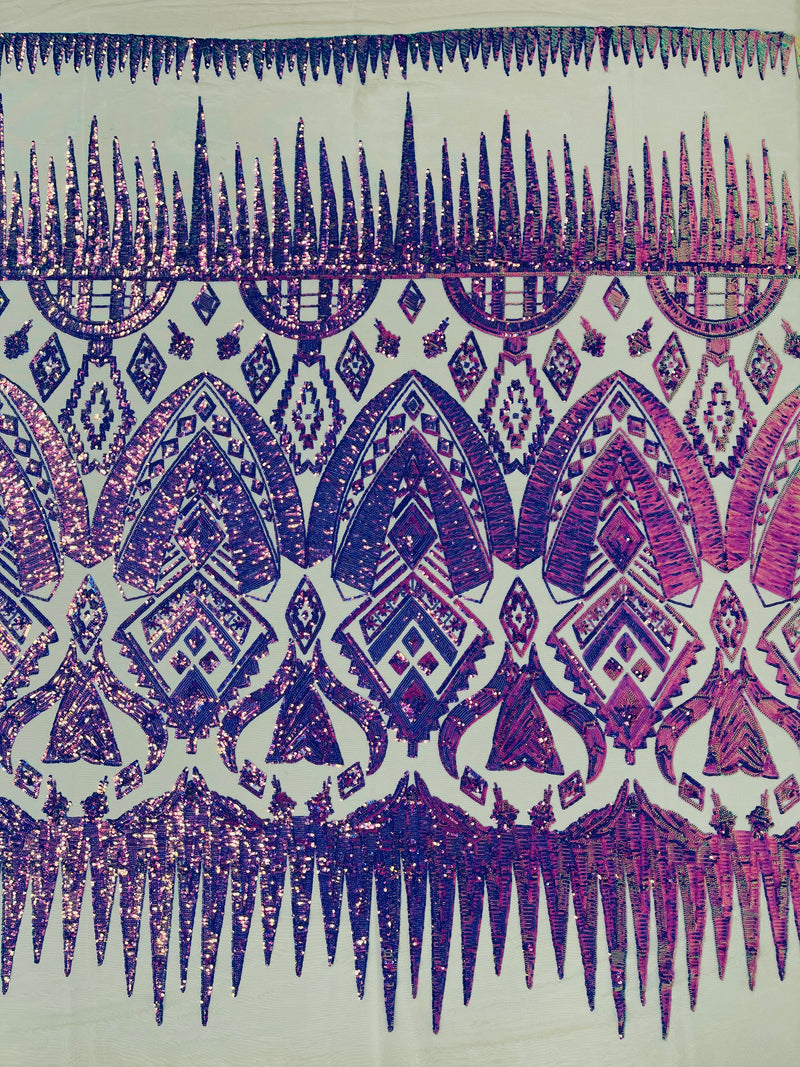 Lavender/Purple Iridescent Sequin Fabric, by the yard - Nude Mesh 4 Way Stretch Aztec Design