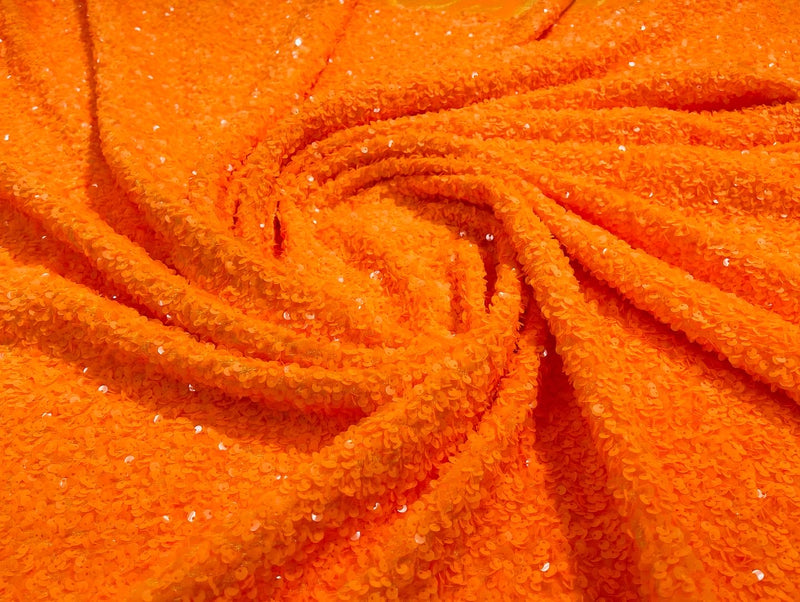 Neón Orange Sequins Fabric on Stretch Velvet - By The Yard - all Over 5mm Sequins 58”/60