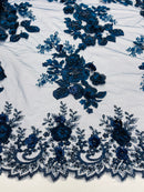 Navy 3D Floral Design Embroider and Beaded With Pearls On a Mesh Lace-Prom-Dresses By The Yard