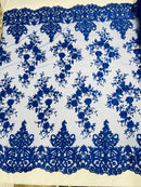 Royal Blue Bridal Lace - By The Yard - Floral Damask Design Embroidered on Mesh Lace Fabric