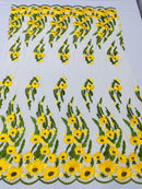 Yellow/Green Lace Fabric - By The Yard - Floral Design Embroidered on Mesh Lace Fabric