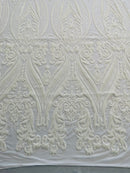 White Sequins Fabric on Mesh, Damask Design 4 Way Stretch Sequin Fabric Sold By The Yard