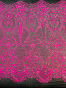 Hot Pink Sequin Fabric on Black Mesh By The Yard Damask Design 4 Way Stretch Lace Sequin