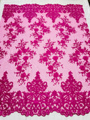 Magenta Floral Bridal Lace - By The Yard - Damask Design Embroidered on Mesh Lace Fabric