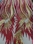 Angel Wings Sequins Fabric - Red / Gold on Dark Nude - 4 Way Stretch Feather Wings Sequins Design By Yard