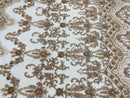 Taupe/Skin Damask Design Beaded Fabric, Embroidered with Beads Wedding Bridal Sold By Yard
