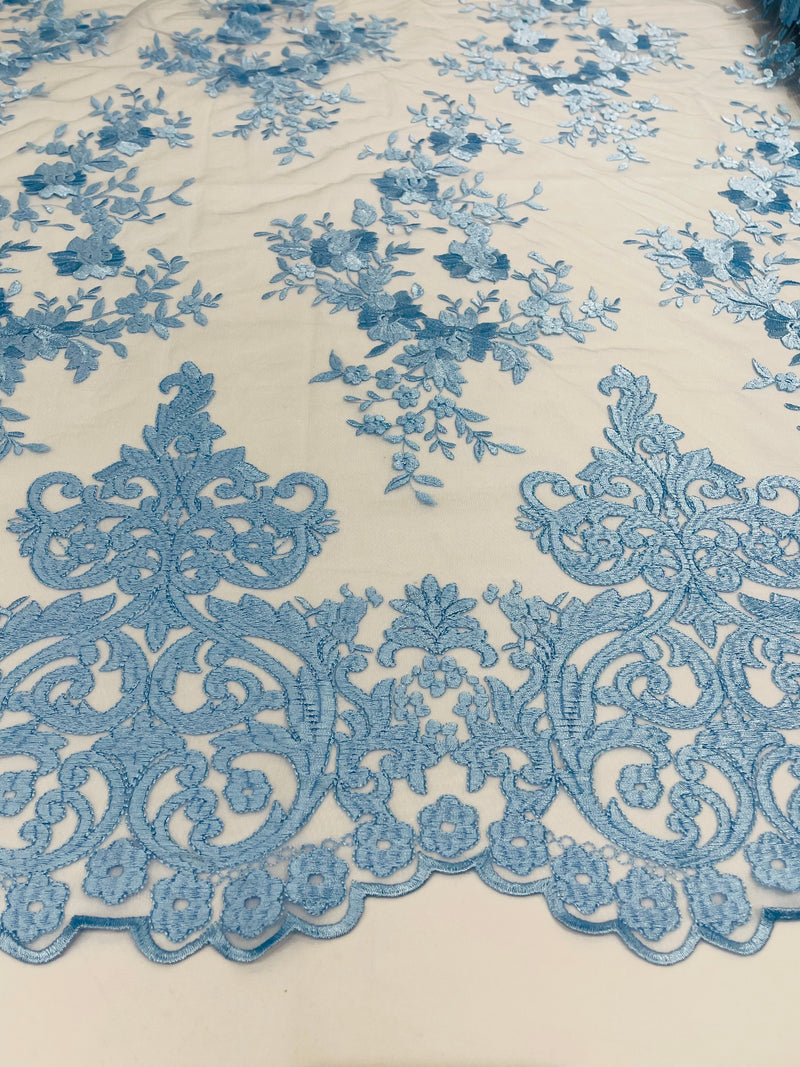Baby Blue Bridal Lace - By The Yard - Floral Damask Design Embroidered on Mesh Lace Fabric