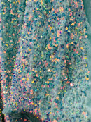 Sea Shell Sequins Velvet - Clear Iridescent on Mint - Velvet Sequins Fabric By Yard
