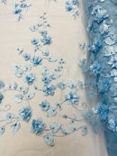 Baby Blue 3D Floral Design Embroider and Beaded With Pearls On a Mesh Lace Fabric By The Yard