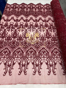 Burgundy Damask Design Beaded Fabric, Embroidered with Beads Wedding Bridal Sold By Yard